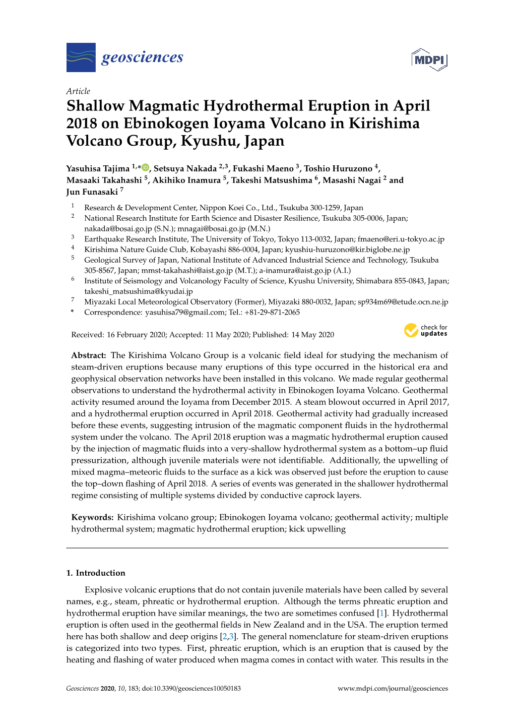 Shallow Magmatic Hydrothermal Eruption in April 2018 on Ebinokogen Ioyama Volcano in Kirishima Volcano Group, Kyushu, Japan