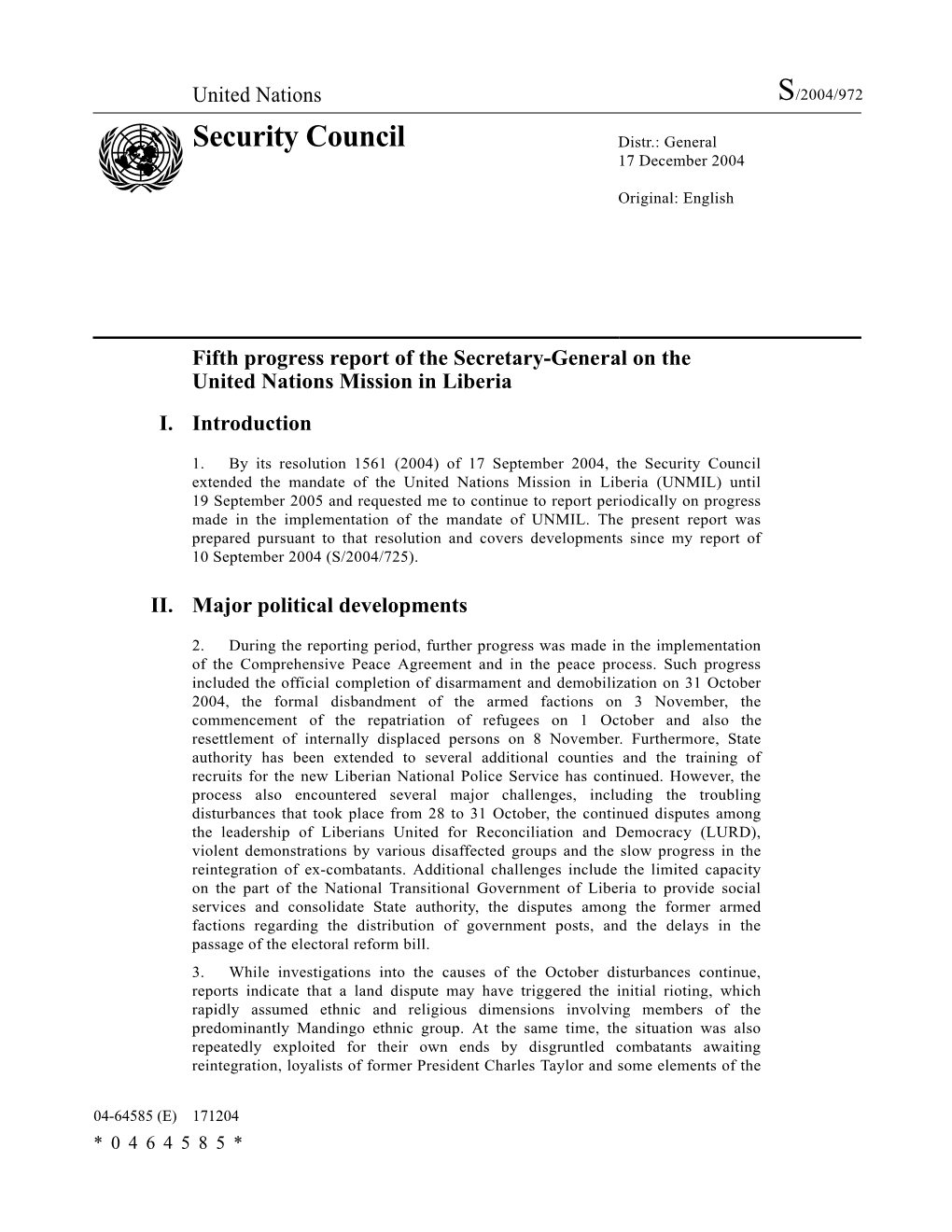 Security Council Distr.: General 17 December 2004