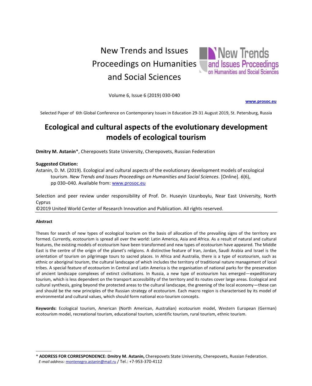 Ecological and Cultural Aspects of the Evolutionary Development Models of Ecological Tourism