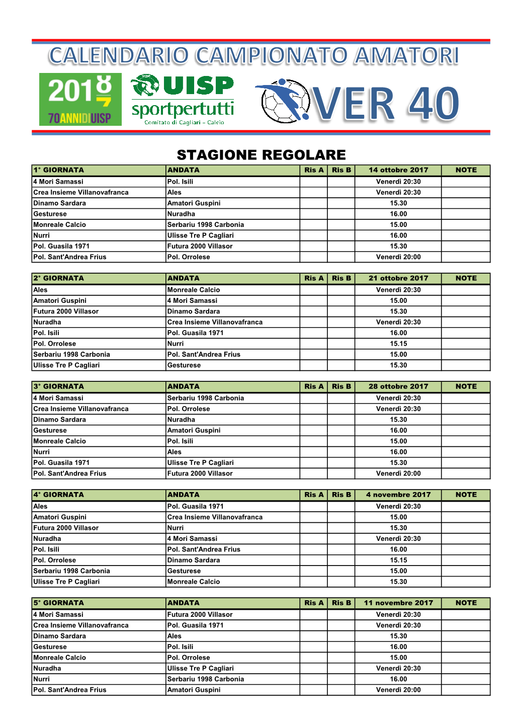 Calendario Ufficiale Campionato Amatori Over 40