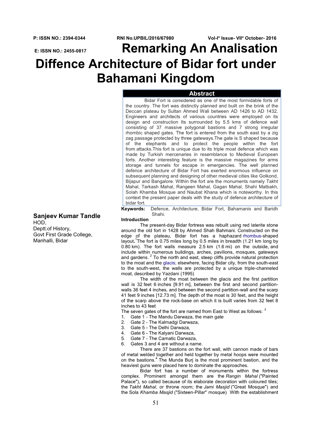 Diffence Architecture of Bidar Fort Under Bahamani Kingdom Sanjeev