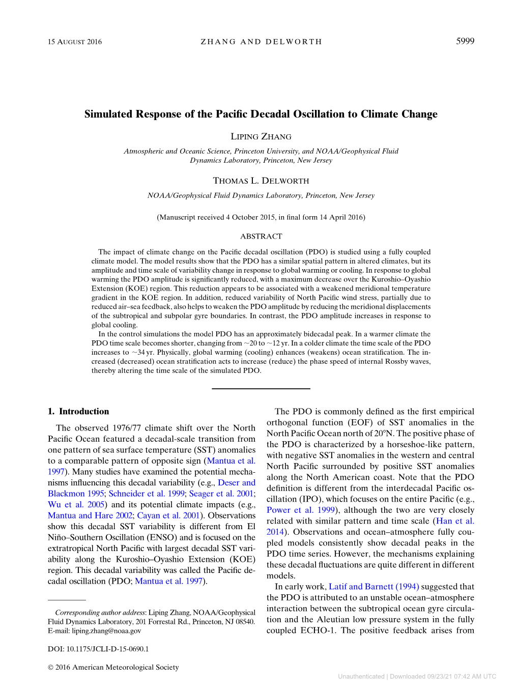 Simulated Response of the Pacific Decadal Oscillation