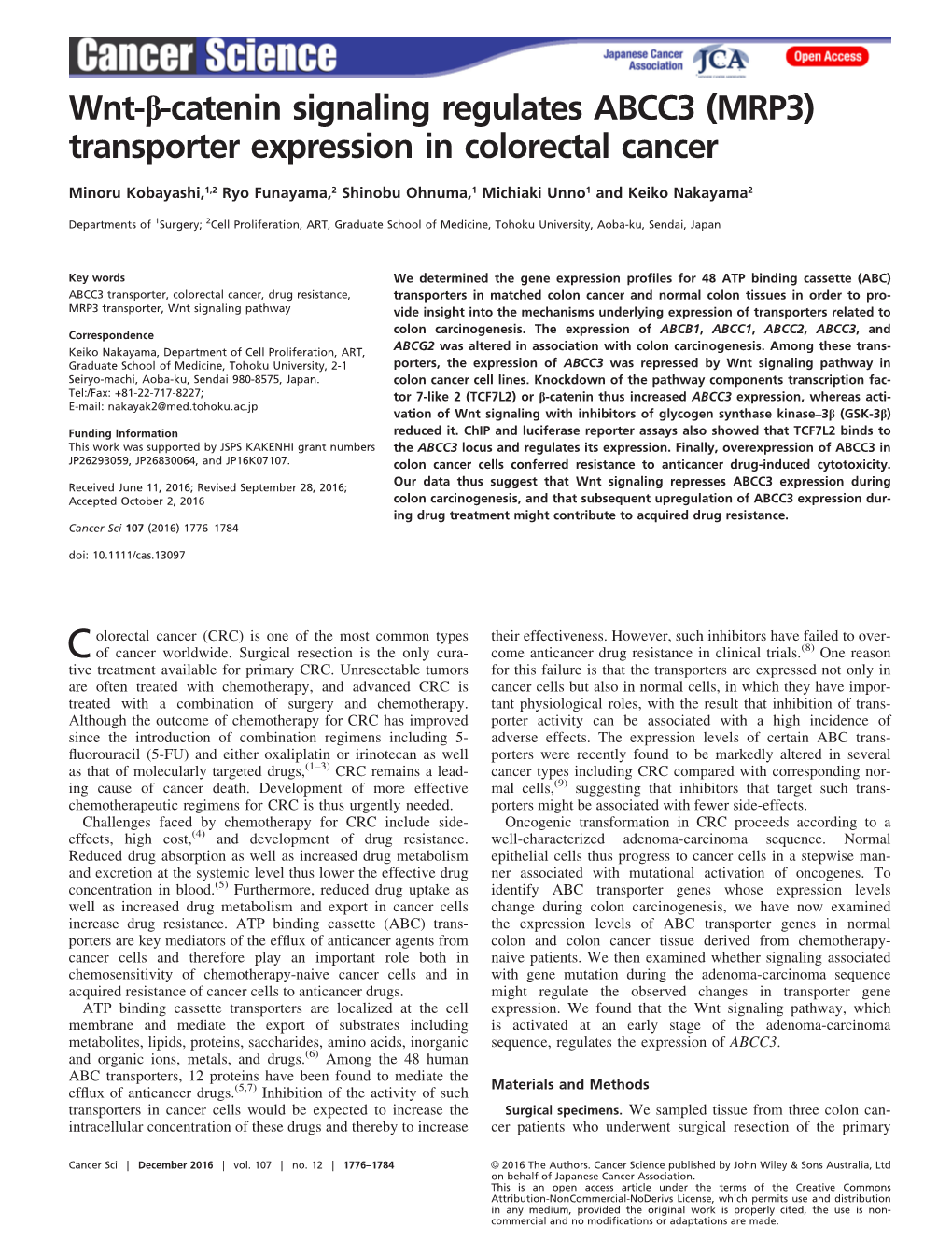 Wnt&#X2010;&#X03b2;&#X2010;Catenin Signaling Regulates ABCC3 (MRP3) Transporter Expression in Colorectal Cancer