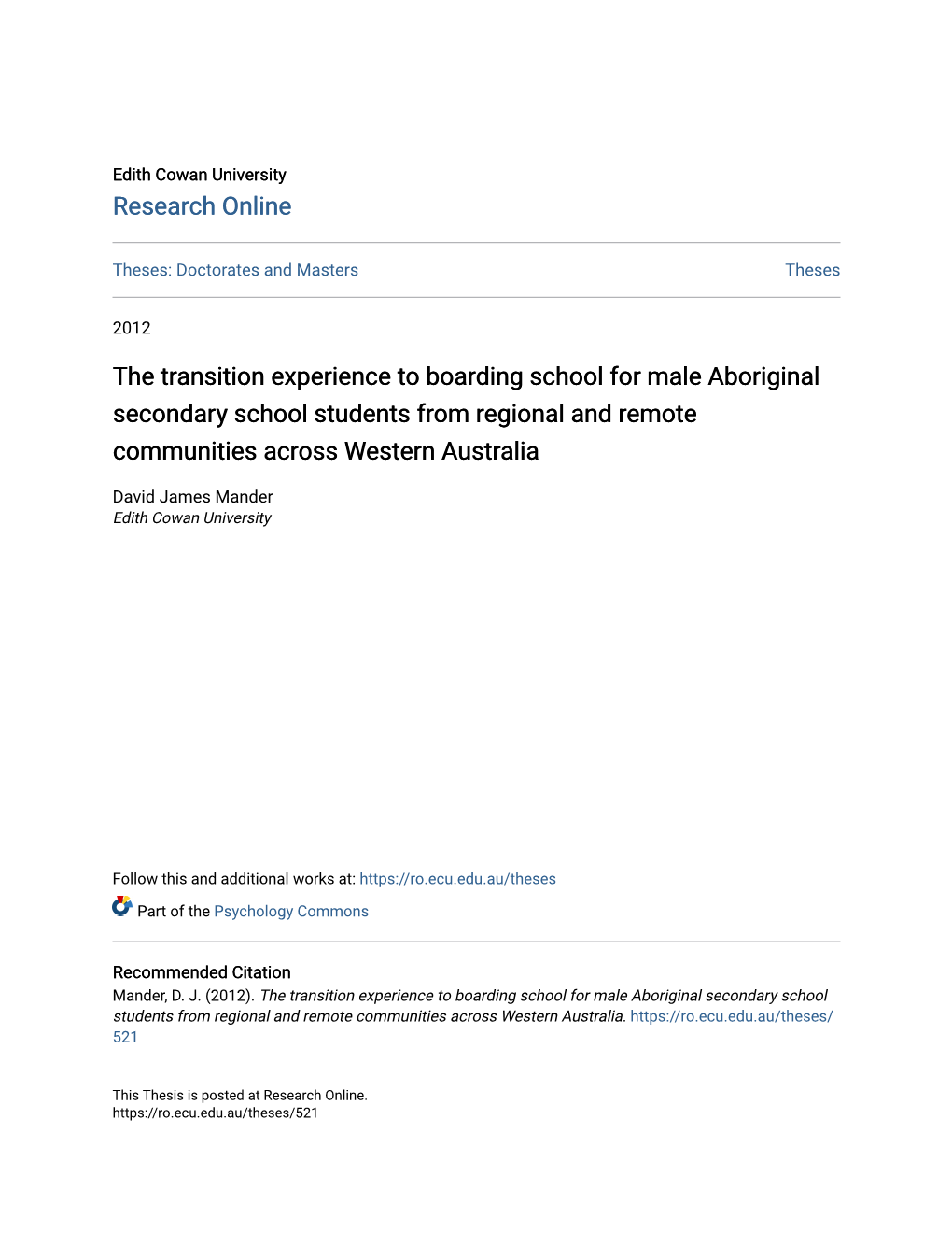 The Transition Experience to Boarding School for Male Aboriginal Secondary School Students from Regional and Remote Communities Across Western Australia