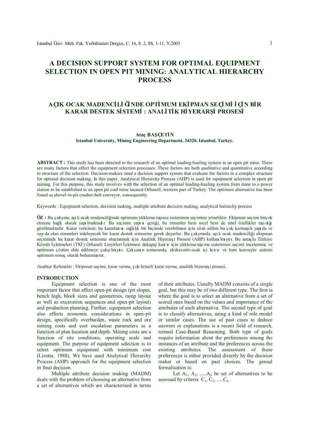 A Decision Support System for Optimal Equipment Selection in Open Pit Mining: Analytical Hierarchy Process