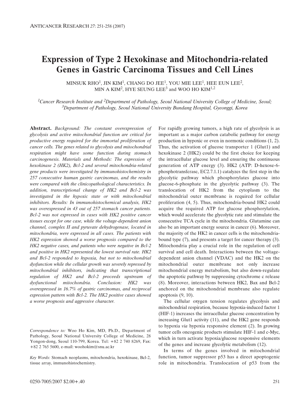 Expression of Type 2 Hexokinase and Mitochondria-Related Genes in Gastric Carcinoma Tissues and Cell Lines