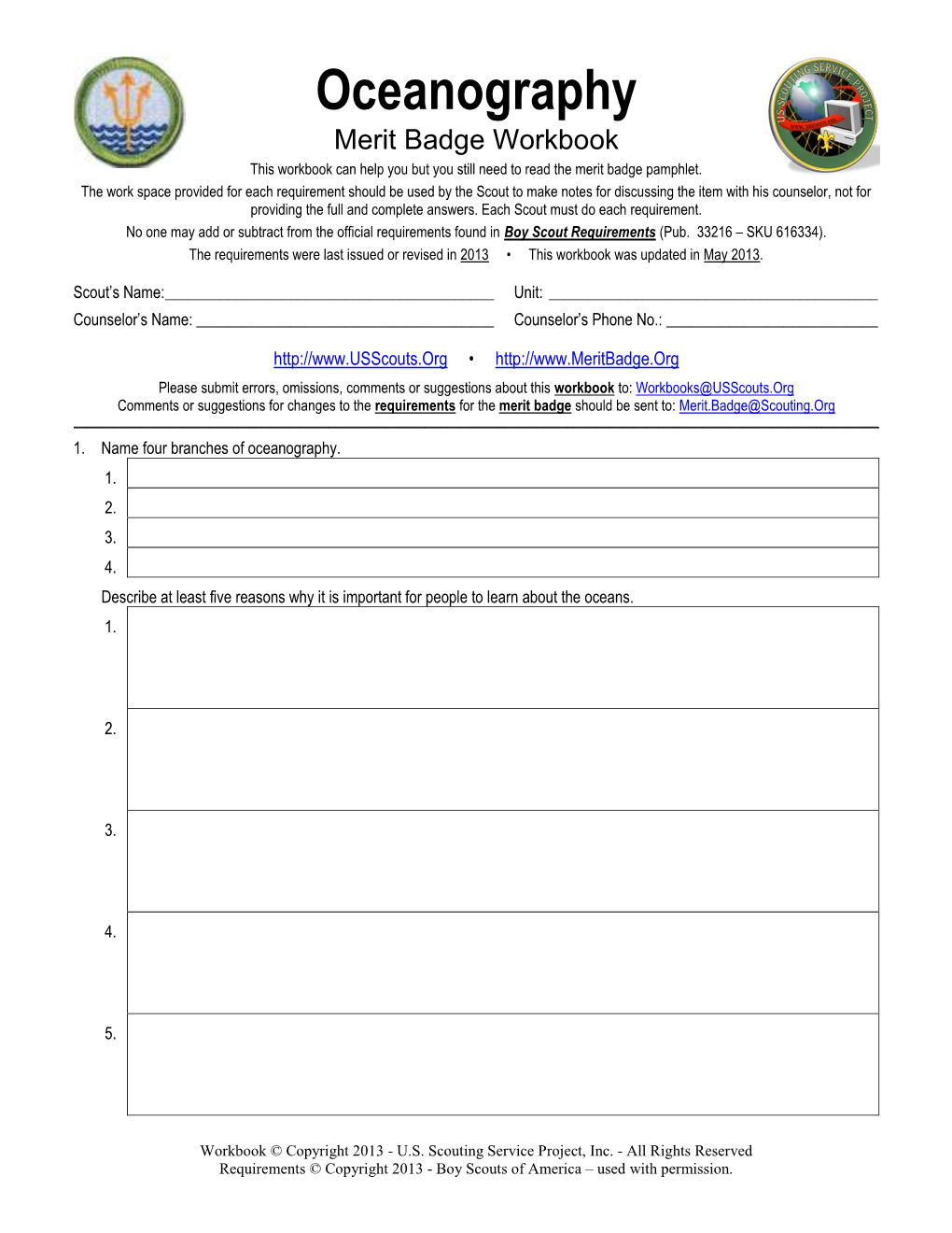 Oceanography Merit Badge Workbook This Workbook Can Help You but You Still Need to Read the Merit Badge Pamphlet