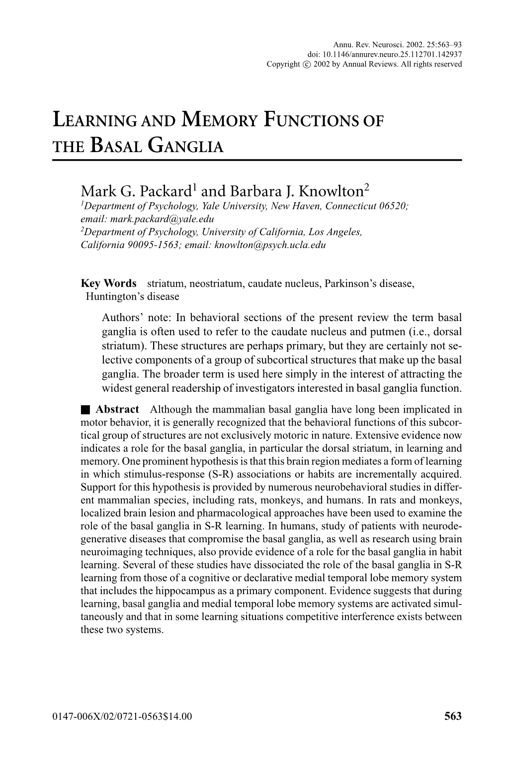 Learning and Memory Functions of the Basal Ganglia