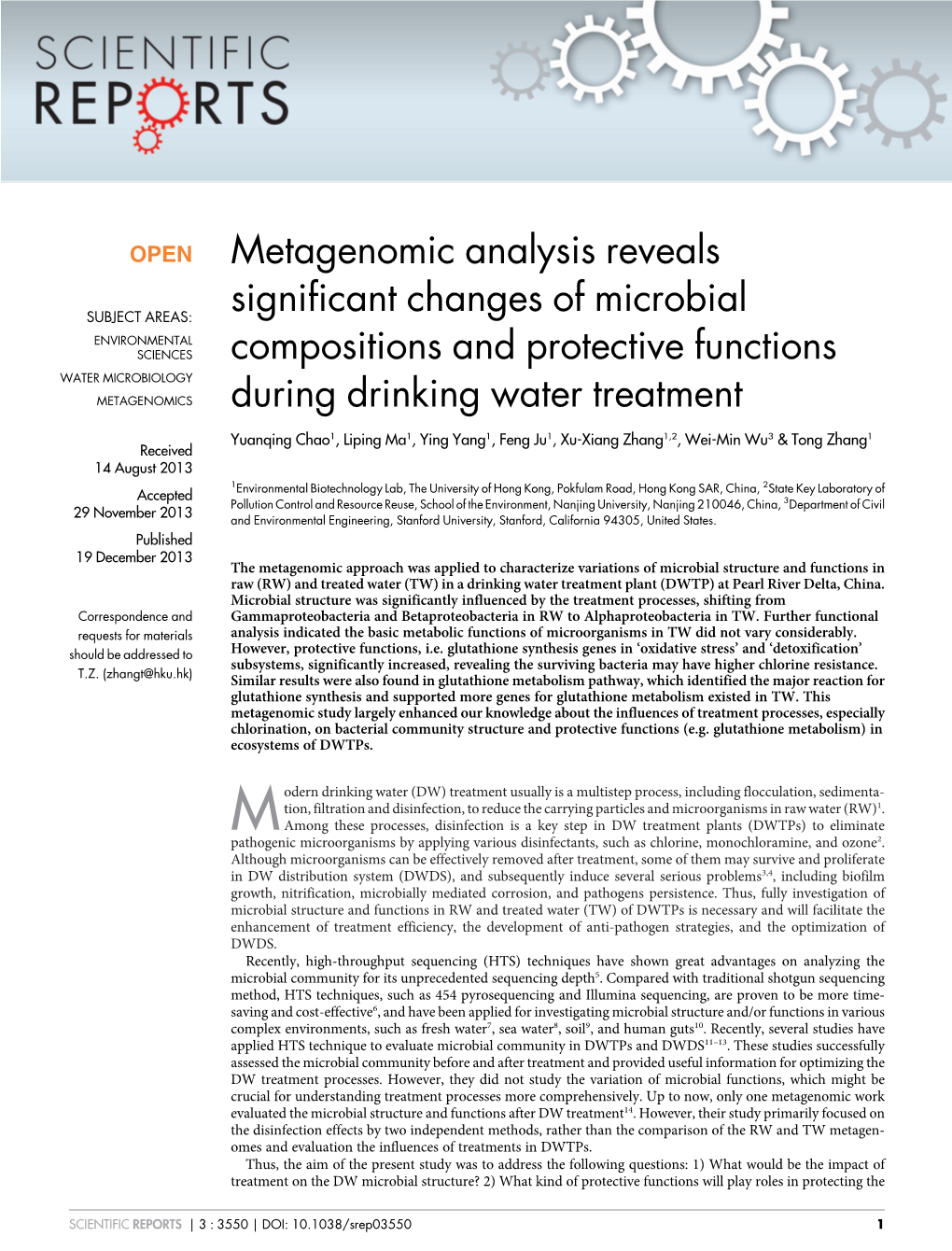 Metagenomic Analysis Reveals Significant Changes of Microbial Compositions and Protective Functions During Drinking Water Treatm