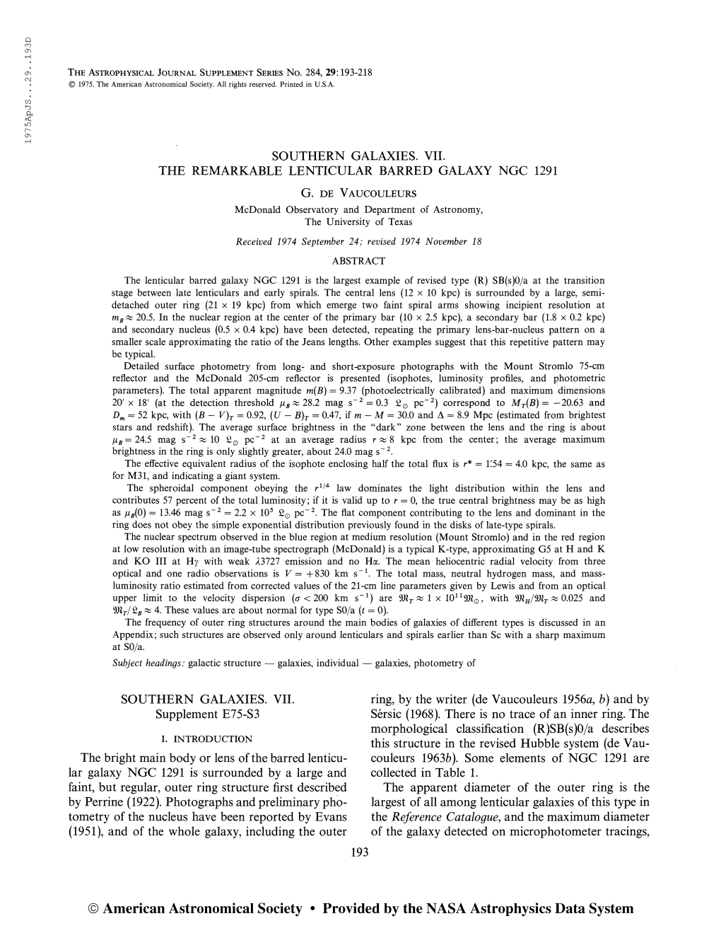 197 5Apjs. . .29. .193D the Astrophysical Journal Supplement