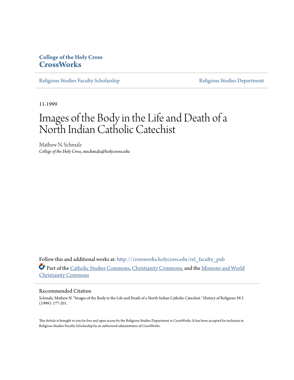 Images of the Body in the Life and Death of a North Indian Catholic Catechist Mathew N