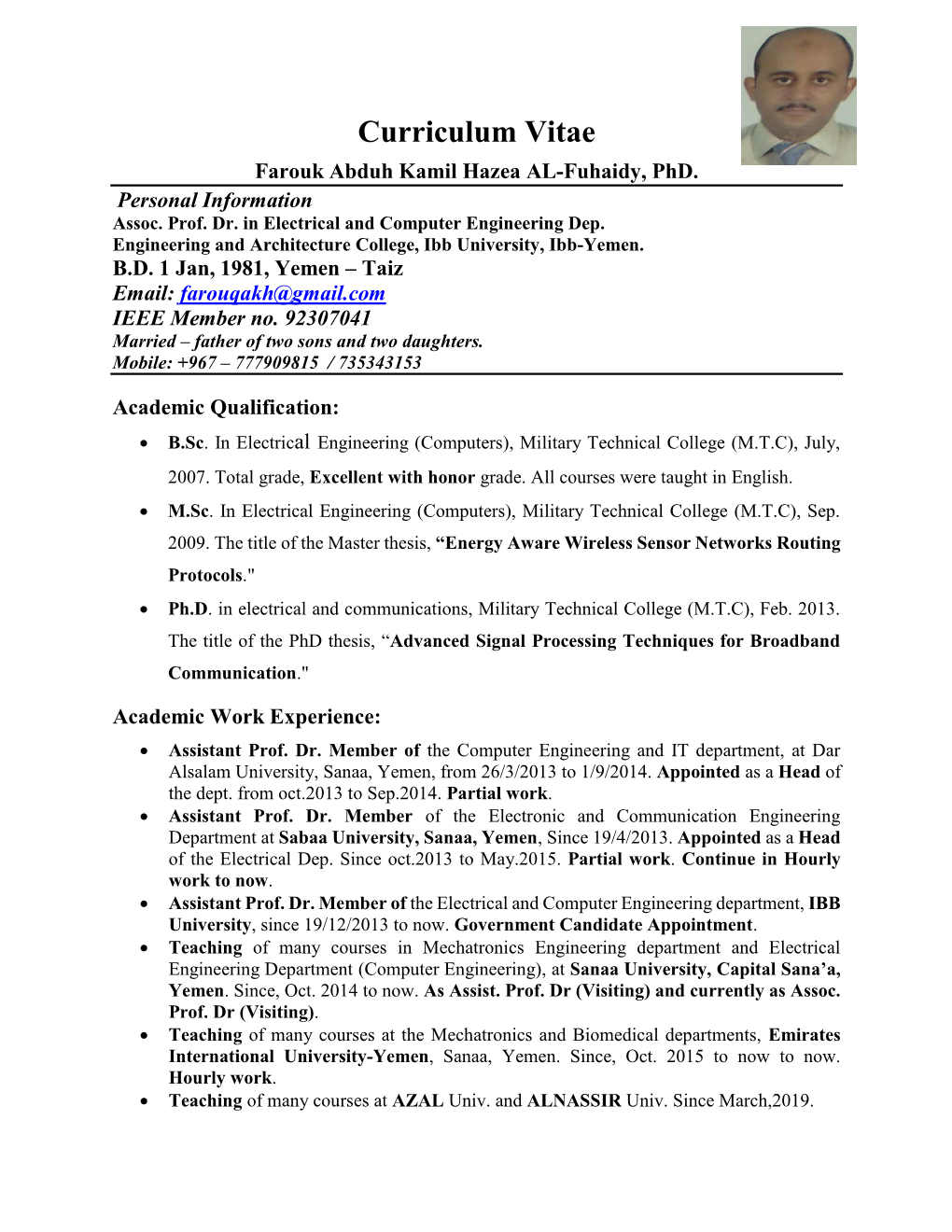 Curriculum Vitae Farouk Abduh Kamil Hazea AL-Fuhaidy, Phd