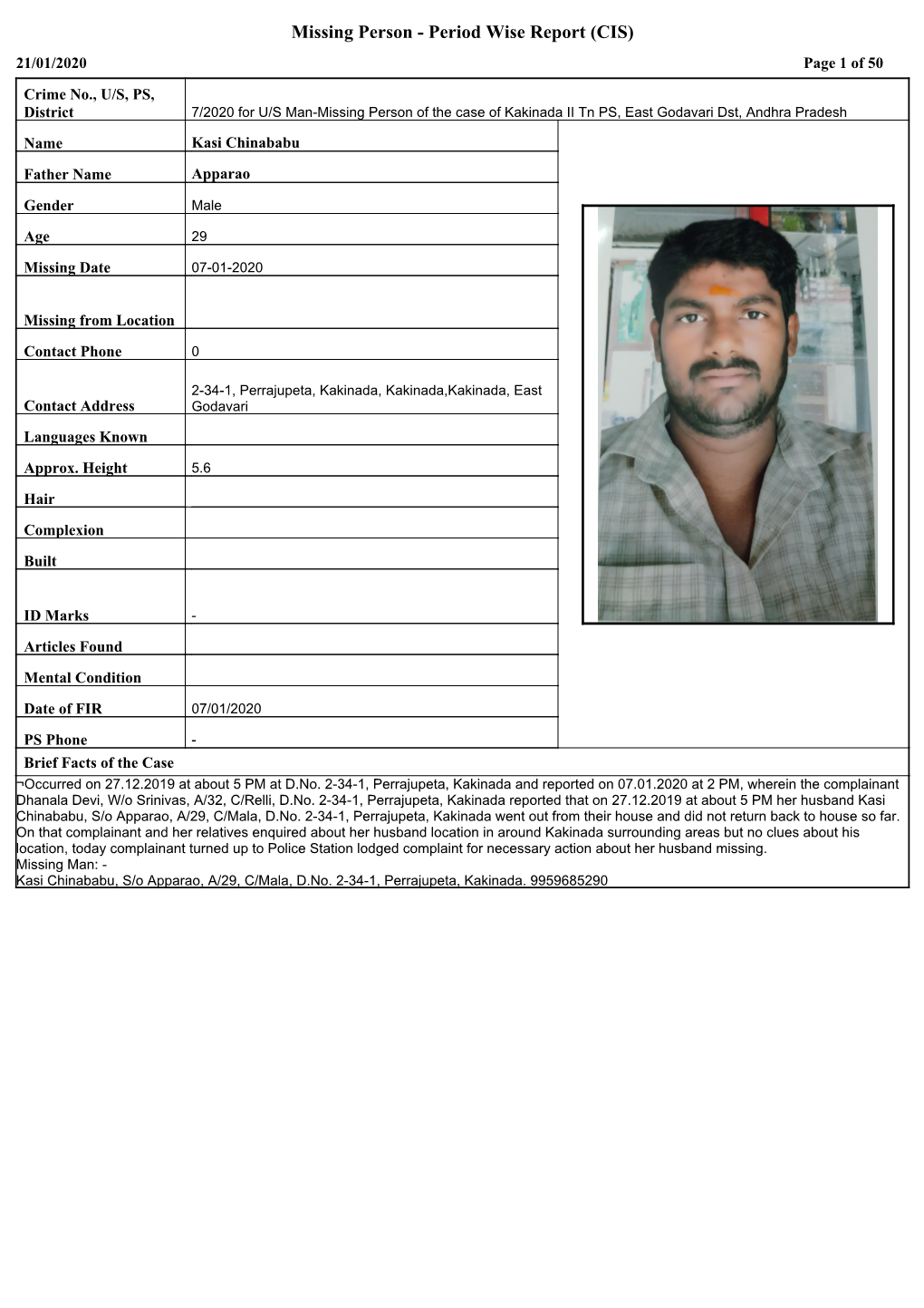 Missing Person - Period Wise Report (CIS) 21/01/2020 Page 1 of 50