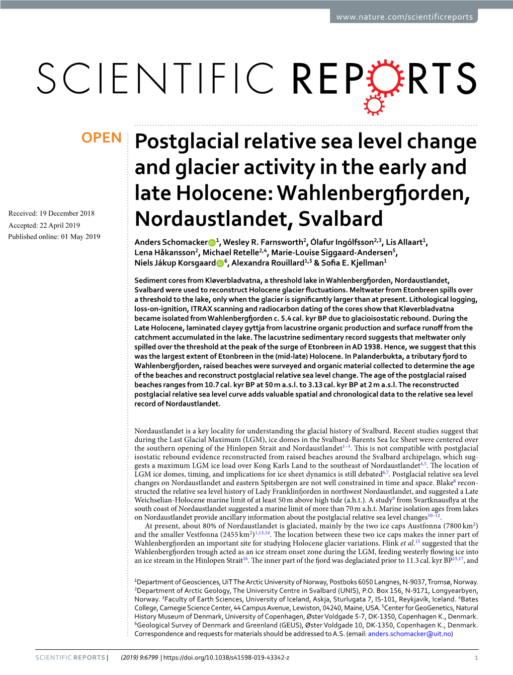 Postglacial Relative Sea Level Change and Glacier Activity in the Early and Late Holocene: Wahlenbergfjorden, Nordaustlandet, Sv