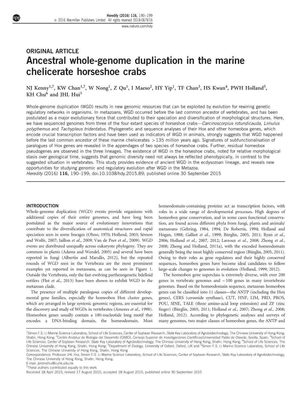 Ancestral Whole-Genome Duplication in the Marine Chelicerate Horseshoe Crabs