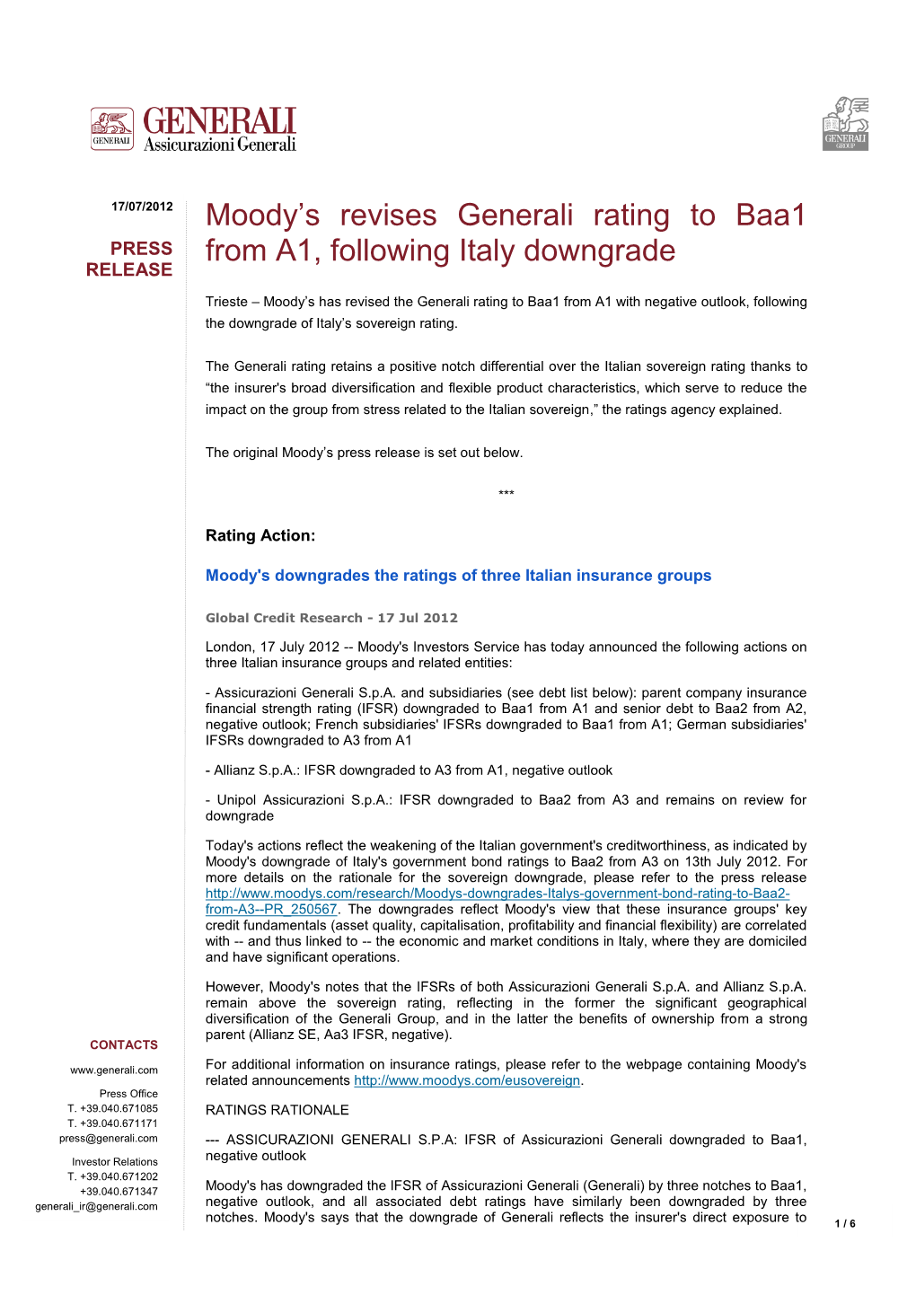 Moody's Revises Generali Rating to Baa1 from Aa3