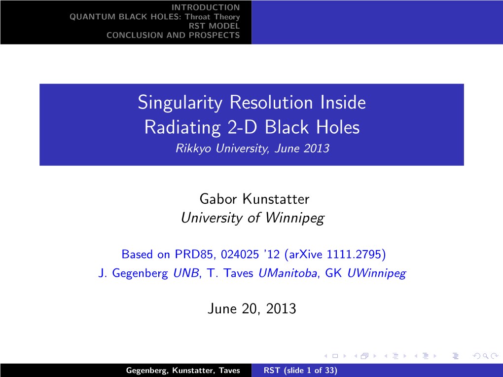 Singularity Resolution Inside Radiating 2-D Black Holes Rikkyo University, June 2013