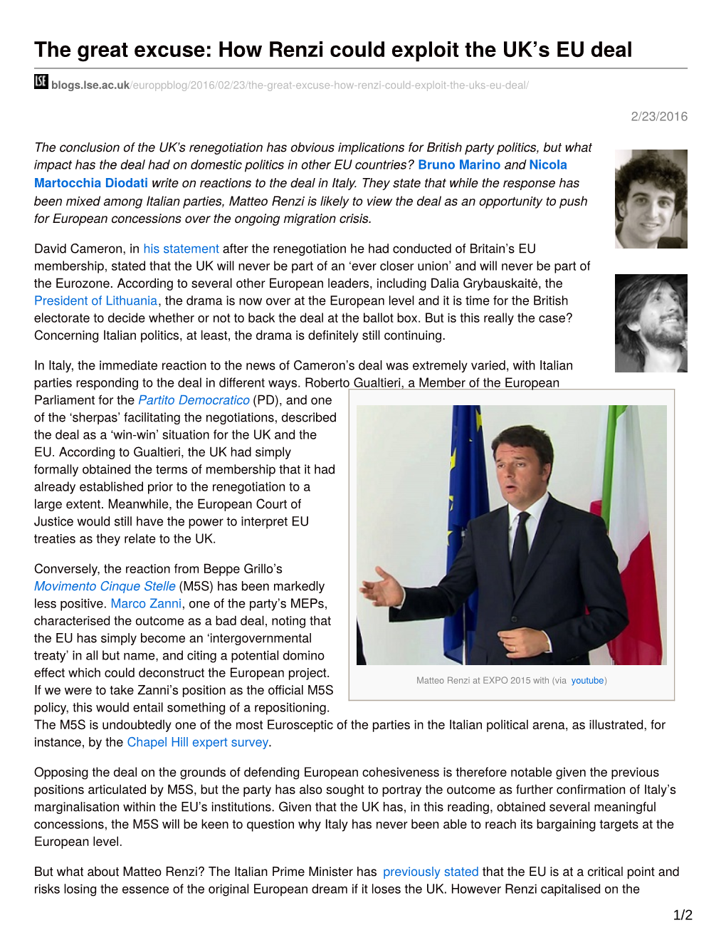 The Great Excuse: How Renzi Could Exploit the UK's EU Deal