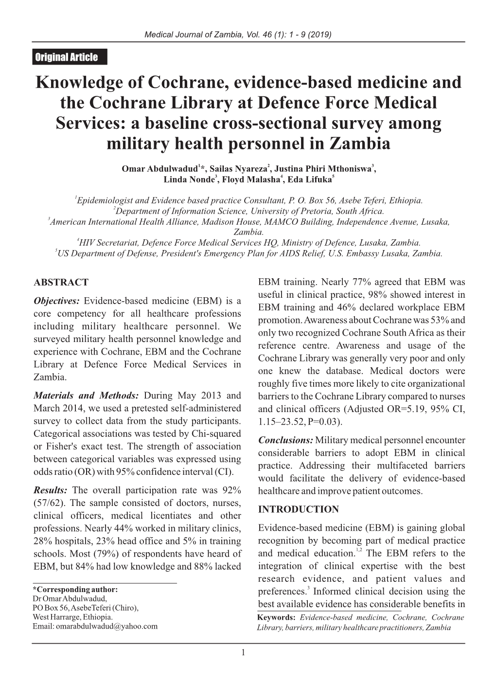 Knowledge of Cochrane, Evidence-Based Medicine and The