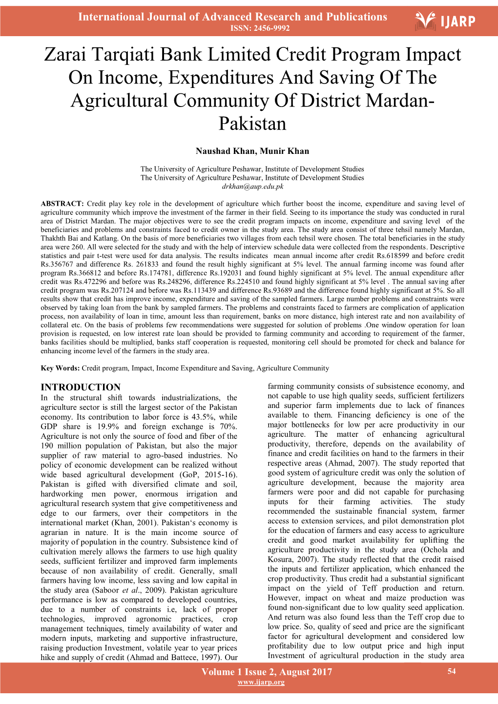 Zarai Tarqiati Bank Limited Credit Program Impact on Income, Expenditures and Saving of the Agricultural Community of District Mardan- Pakistan