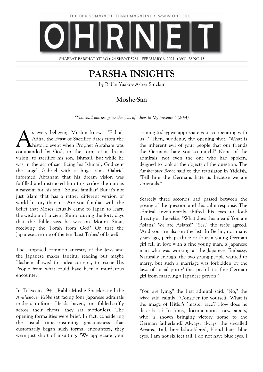 PARSHA INSIGHTS by Rabbi Yaakov Asher Sinclair