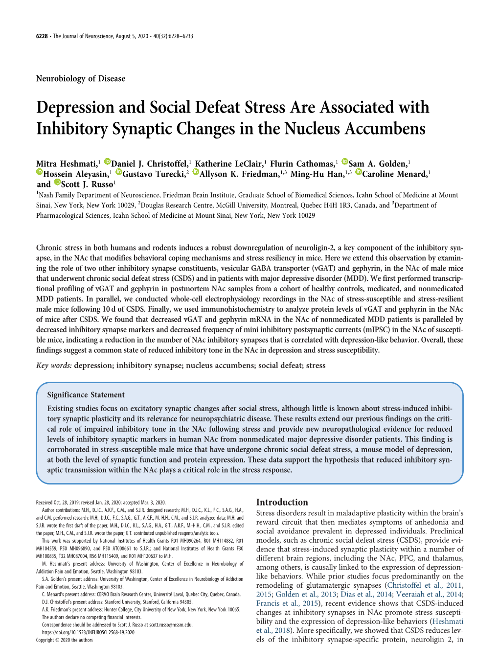 Depression and Social Defeat Stress Are Associated with Inhibitory Synaptic Changes in the Nucleus Accumbens