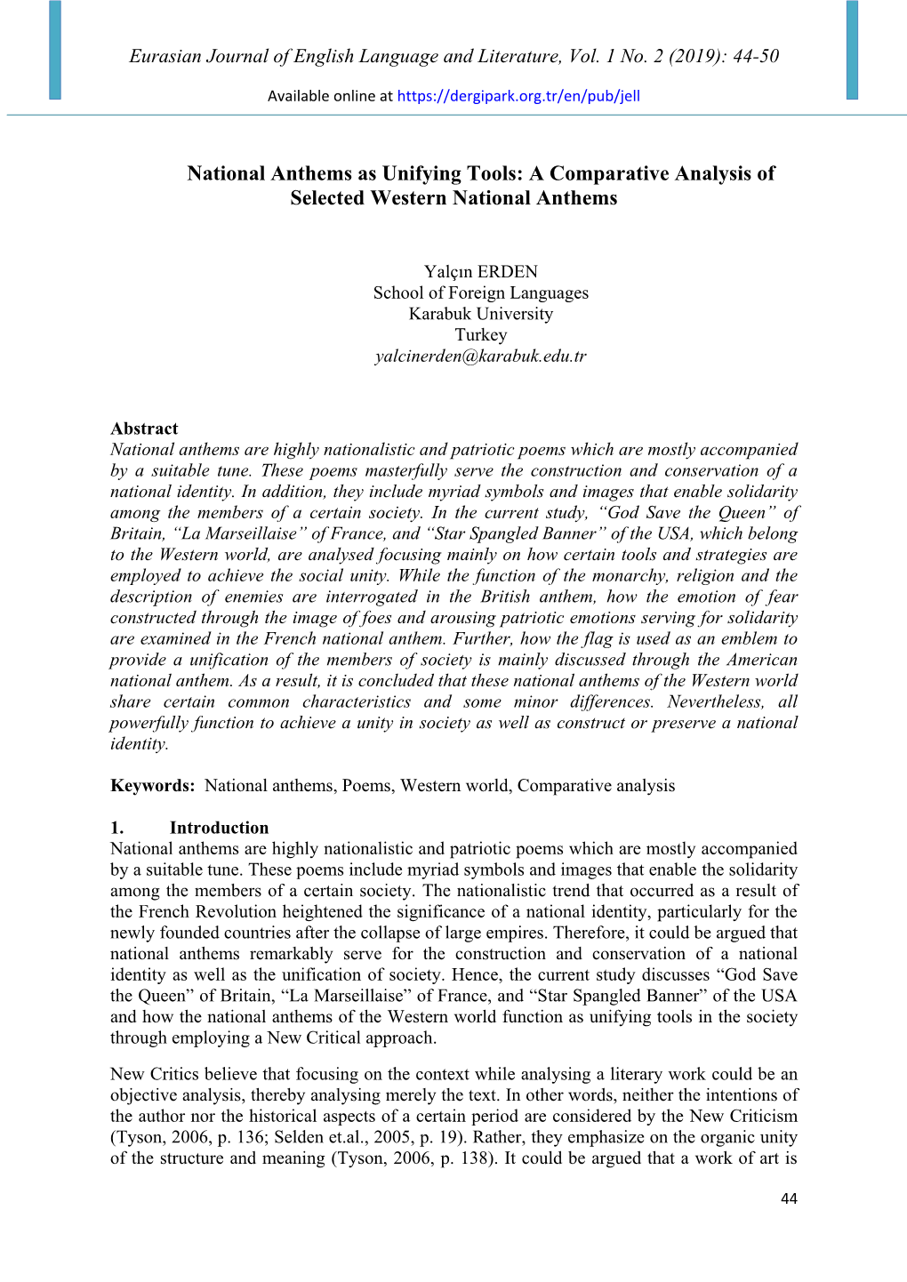 National Anthems As Unifying Tools: a Comparative Analysis of Selected Western National Anthems