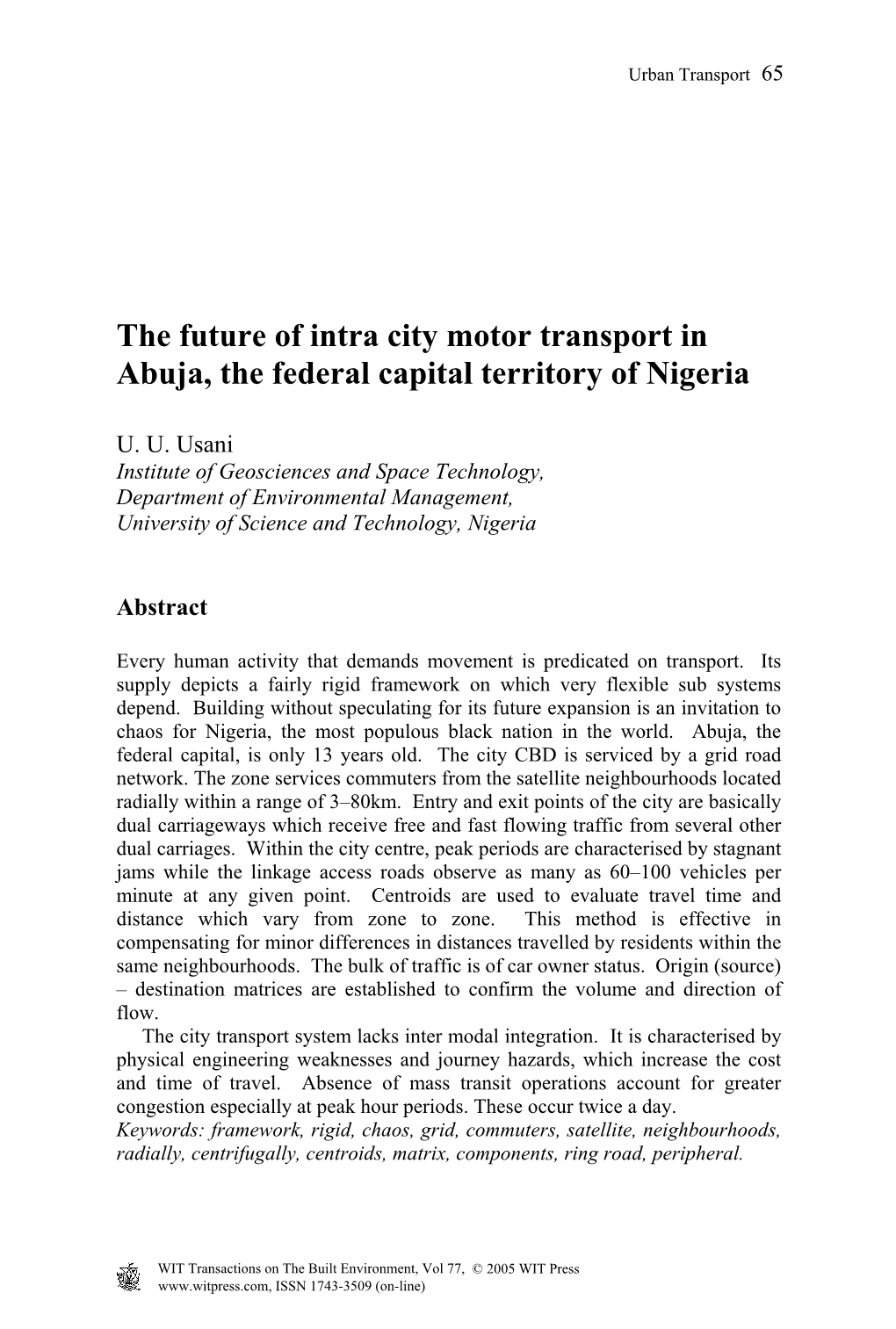 The Future of Intra City Motor Transport in Abuja, the Federal Capital Territory of Nigeria