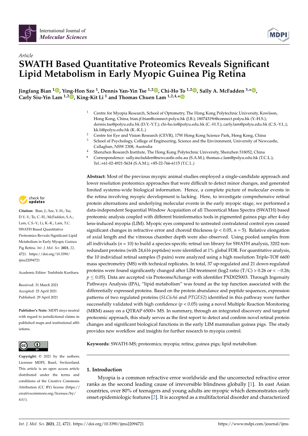 SWATH Based Quantitative Proteomics Reveals Significant Lipid Metabolism in Early Myopic Guinea Pig Retina