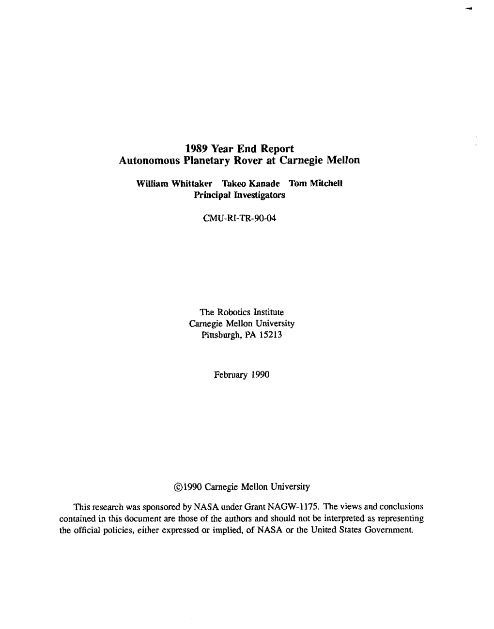 1989 Year End Report Autonomous Planetary Rover at Carnegie Mellon