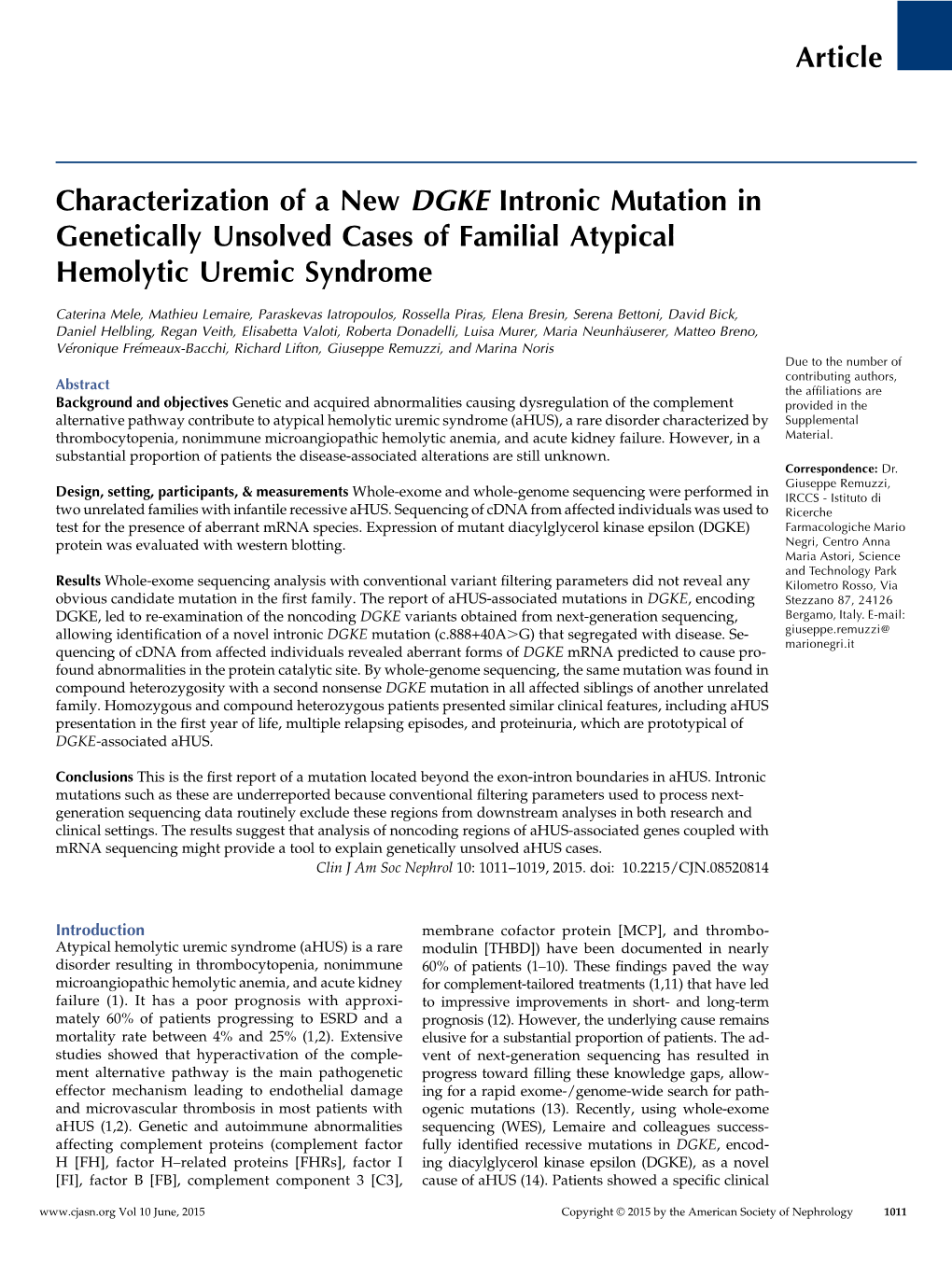 Article Characterization of a New DGKE Intronic Mutation In