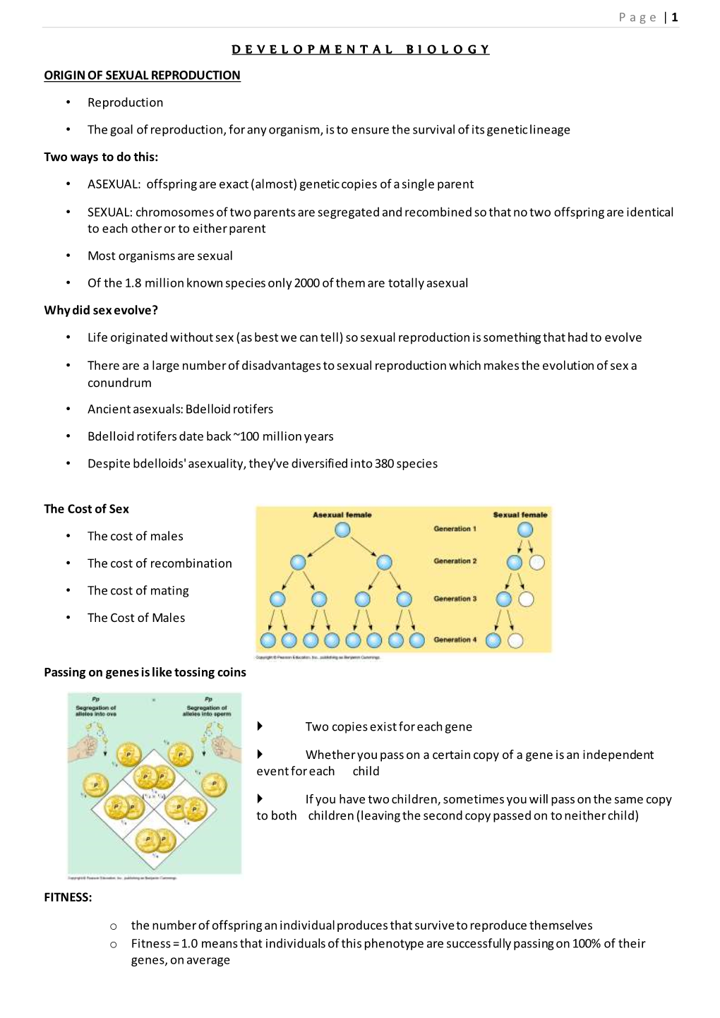 Page | 1 D E V E L O P M E N T a L B I O L O G Y ORIGIN of SEXUAL REPRODUCTION • Reproduction • the Goal of Reproduction