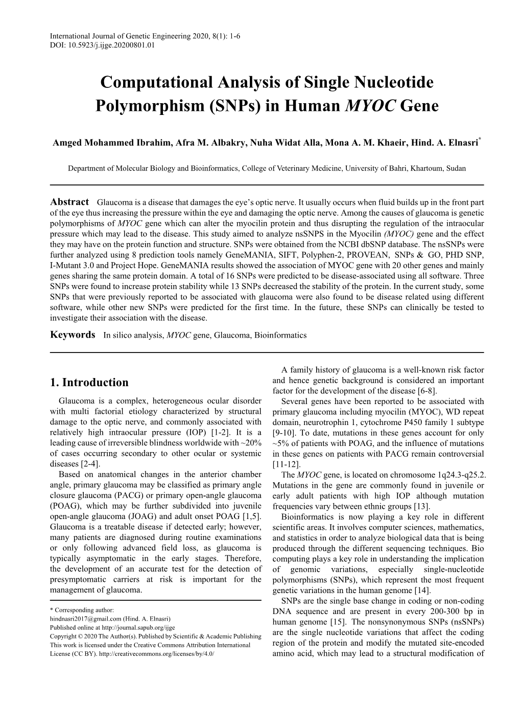 Computational Analysis of Single Nucleotide Polymorphism (Snps) in Human MYOC Gene