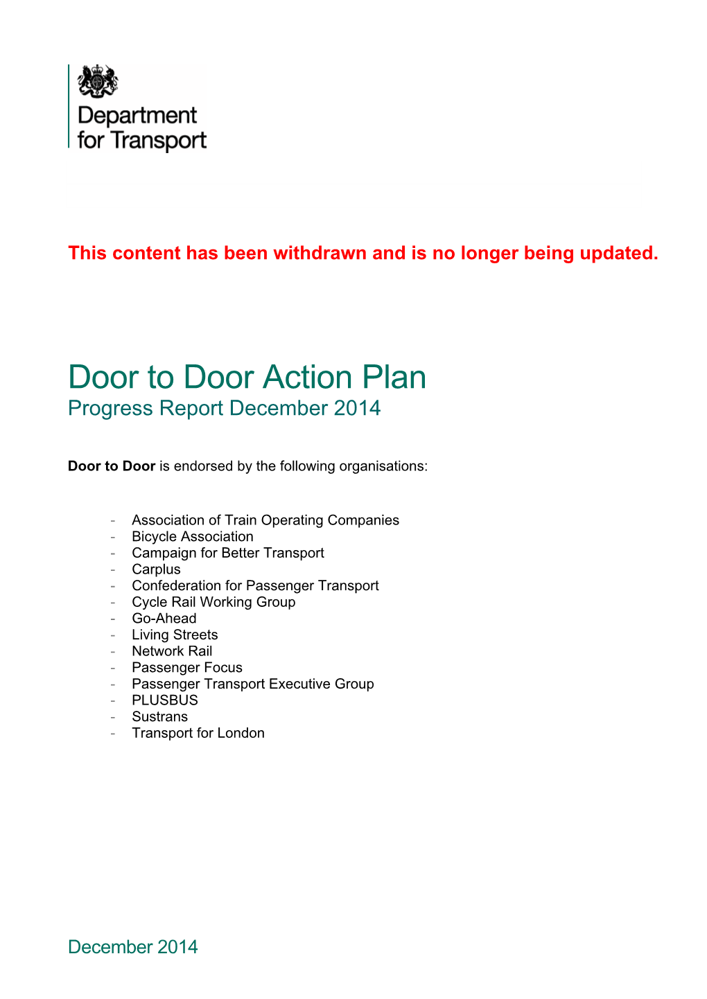 Door to Door Action Plan Progress Report December 2014