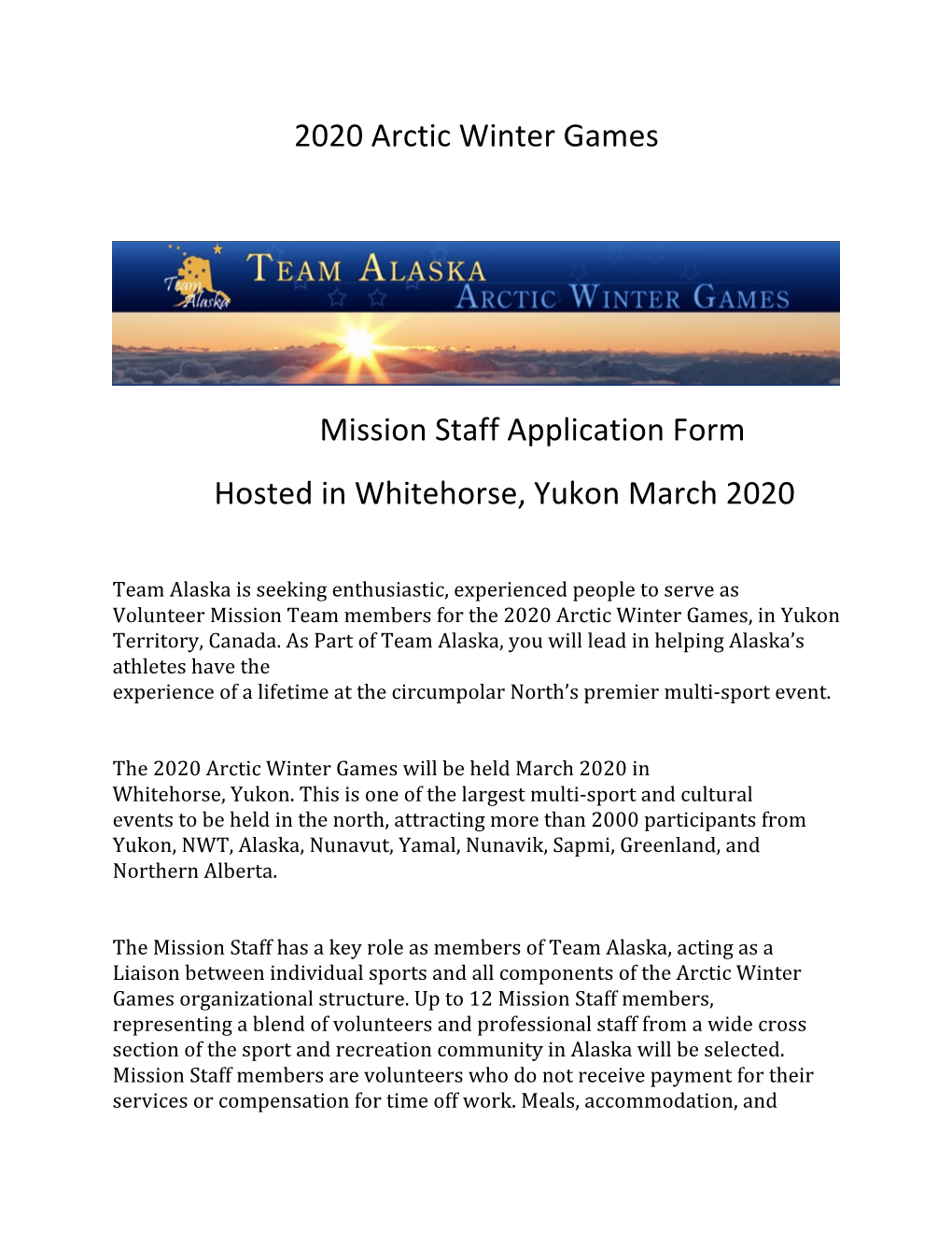 2020 Arctic Winter Games Mission Staff Application Form Hosted In