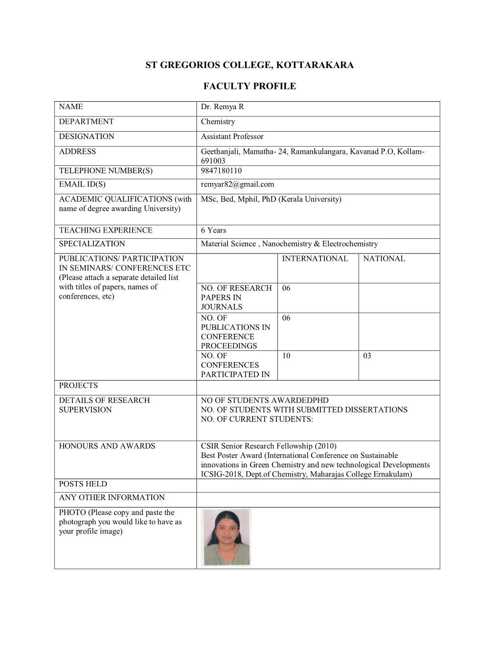 St Gregorios College, Kottarakara Faculty Profile