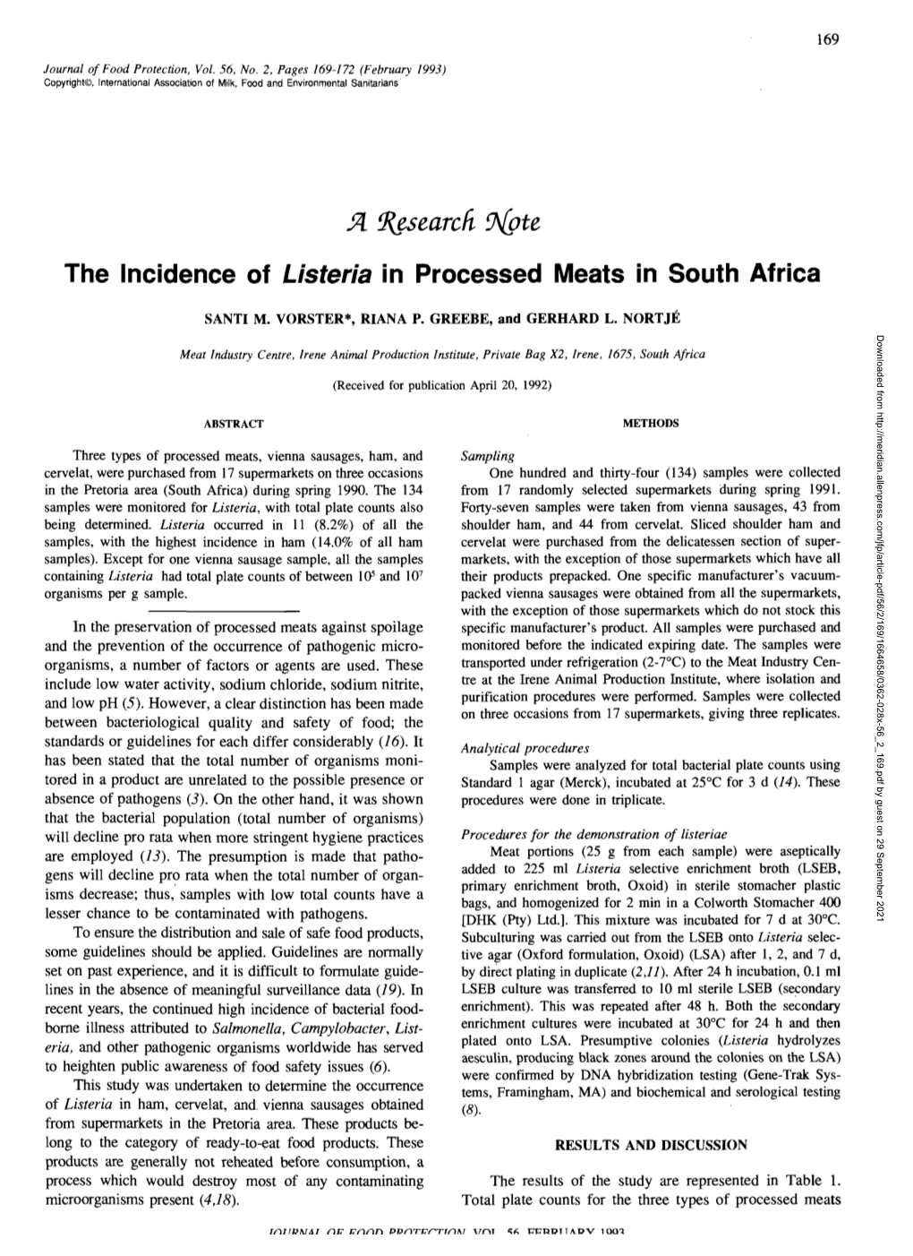 J3. Research 9{Pte the Incidence of Listeria in Processed Meats In