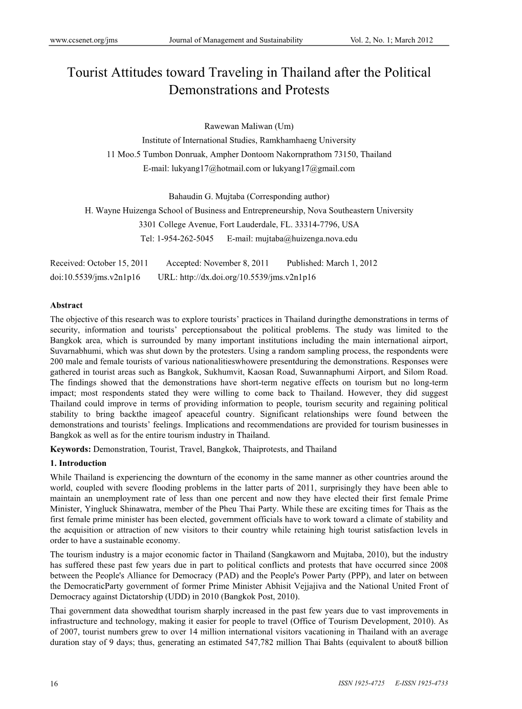 Tourist Attitudes Toward Traveling in Thailand After the Political Demonstrations and Protests