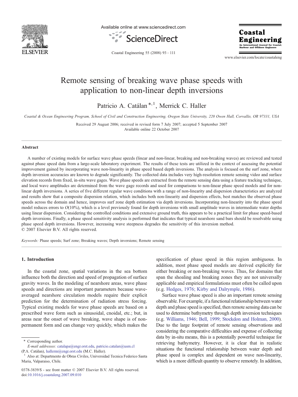 Remote Sensing of Breaking Wave Phase Speeds with Application to Non-Linear Depth Inversions ⁎ Patricio A