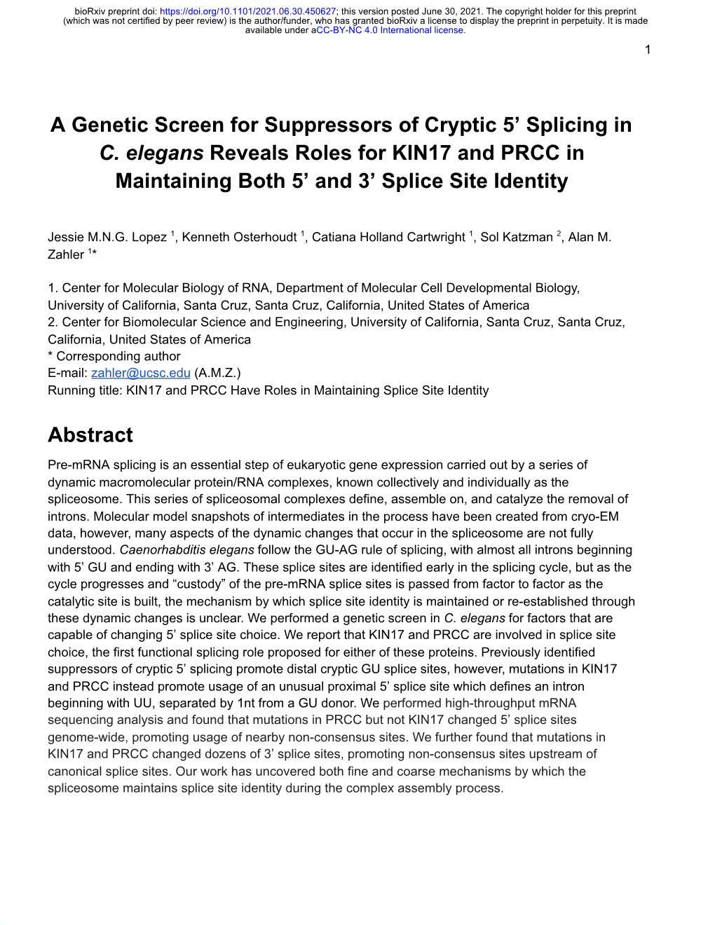 A Genetic Screen for Suppressors of Cryptic 5' Splicing in C. Elegans