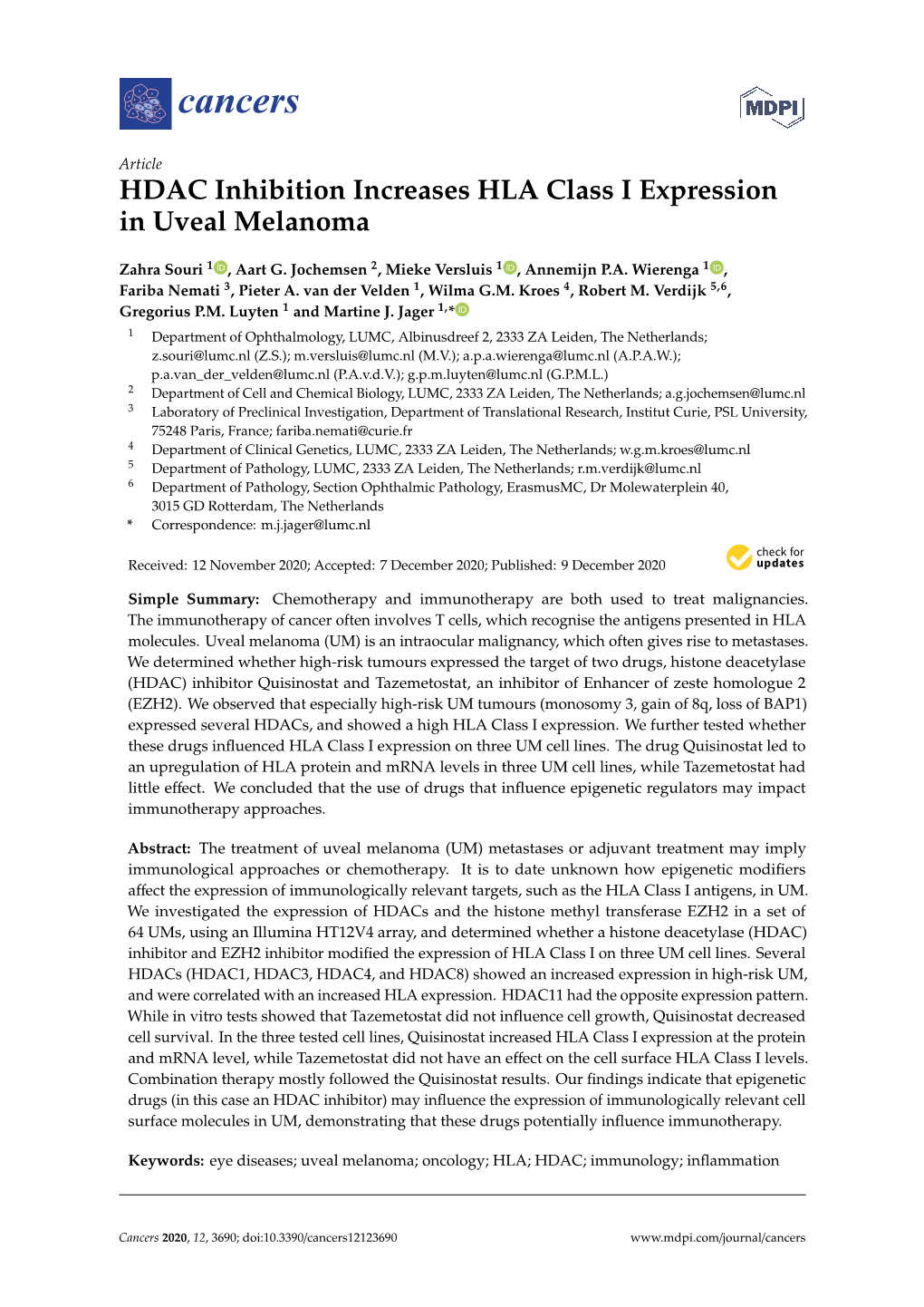 HDAC Inhibition Increases HLA Class I Expression in Uveal Melanoma