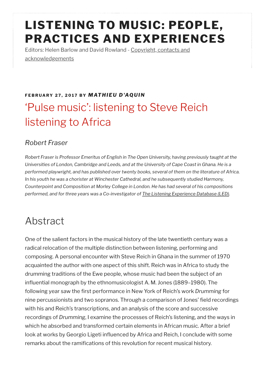 LISTENING to MUSIC: PEOPLE, PRACTICES and EXPERIENCES Editors: Helen Barlow and David Rowland - Copyright, Contacts and Acknowledgements