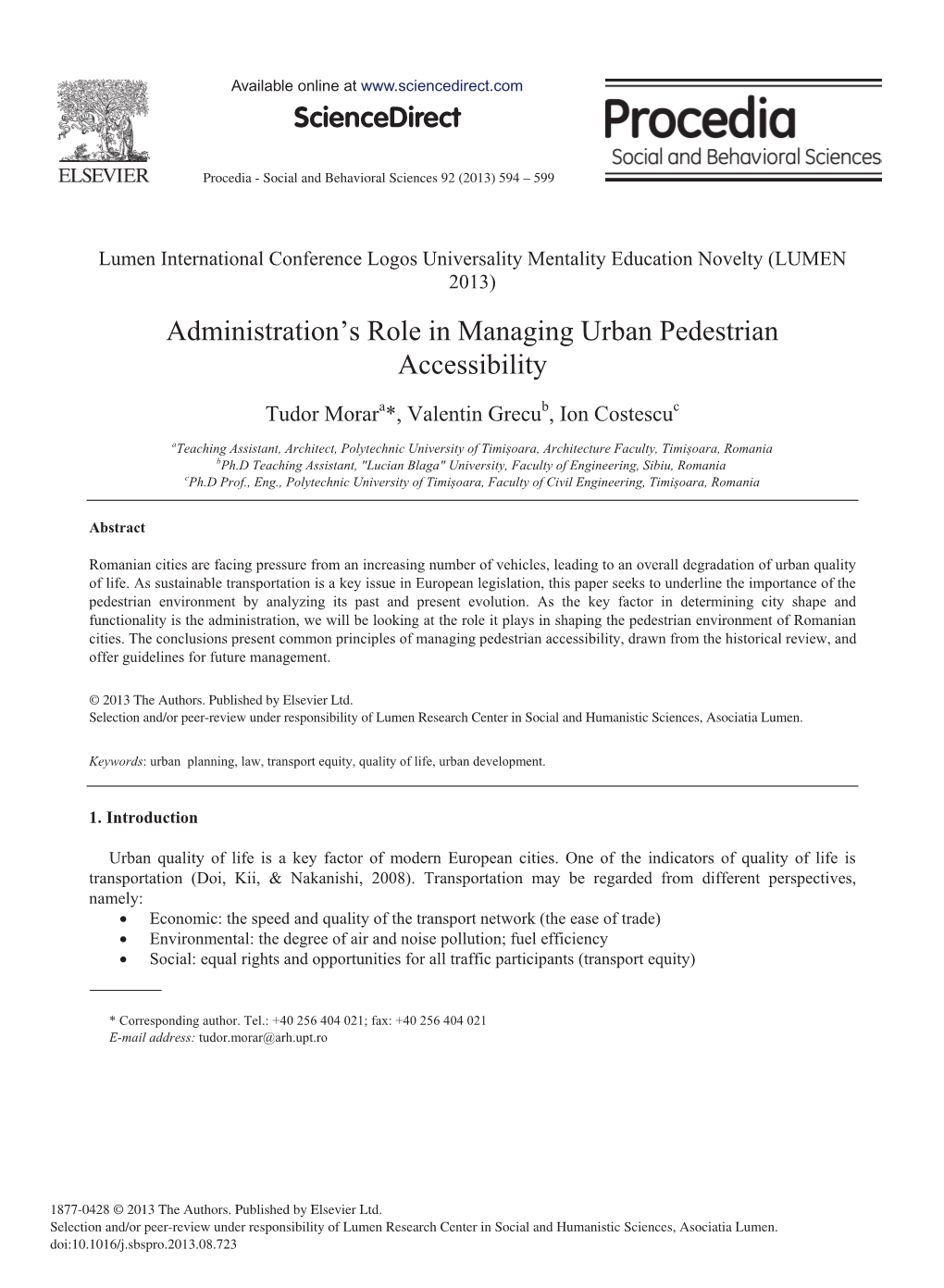 Administration's Role in Managing Urban Pedestrian Accessibility