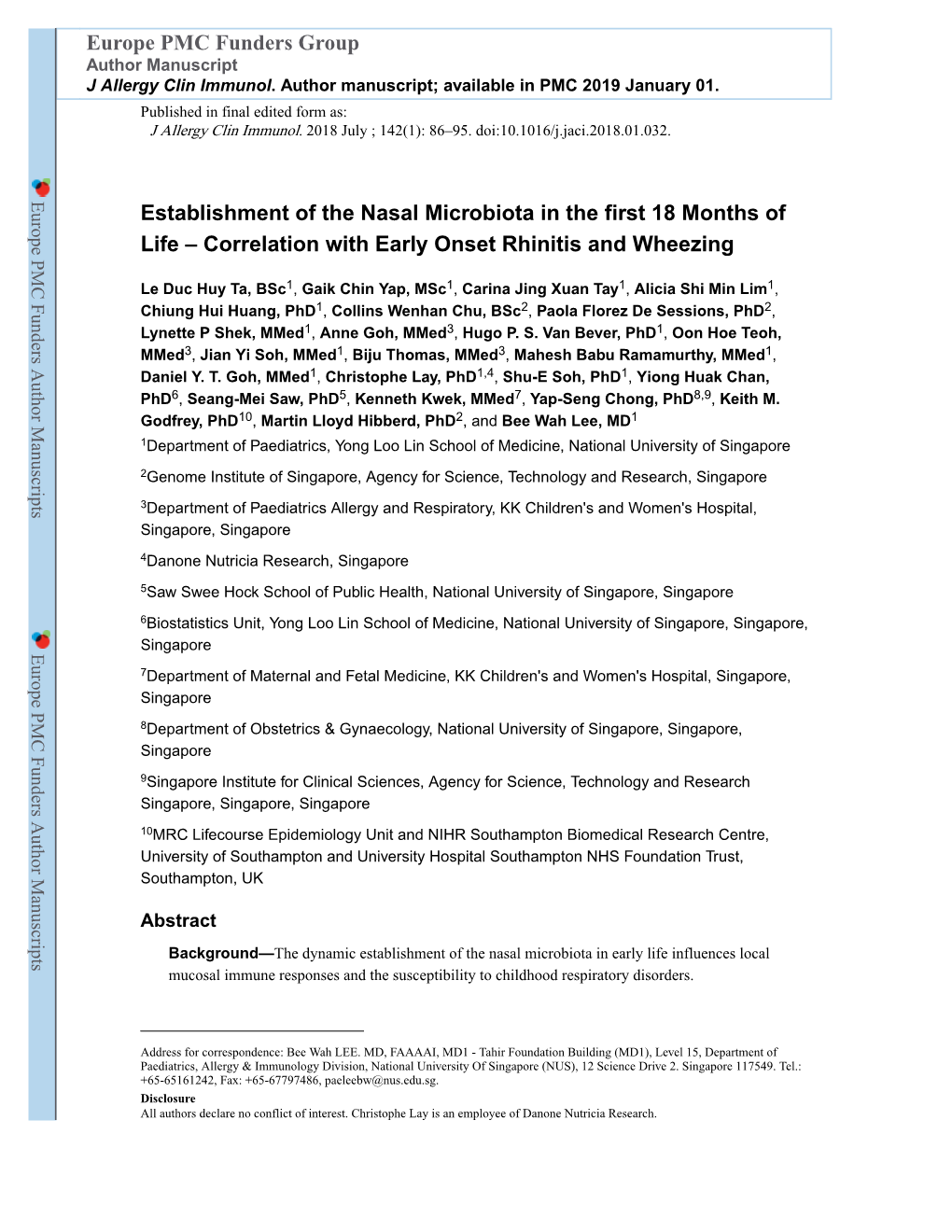 Establishment of the Nasal Microbiota in the First 18 Months of Life – Correlation with Early Onset Rhinitis and Wheezing