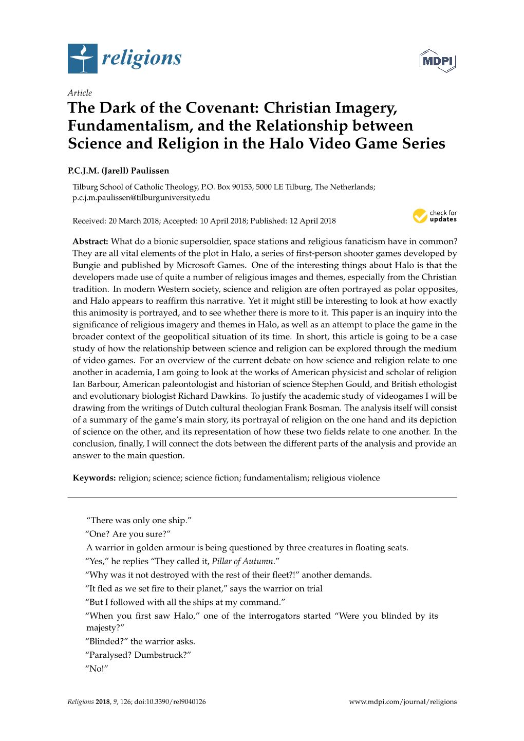 The Dark of the Covenant: Christian Imagery, Fundamentalism, and the Relationship Between Science and Religion in the Halo Video Game Series