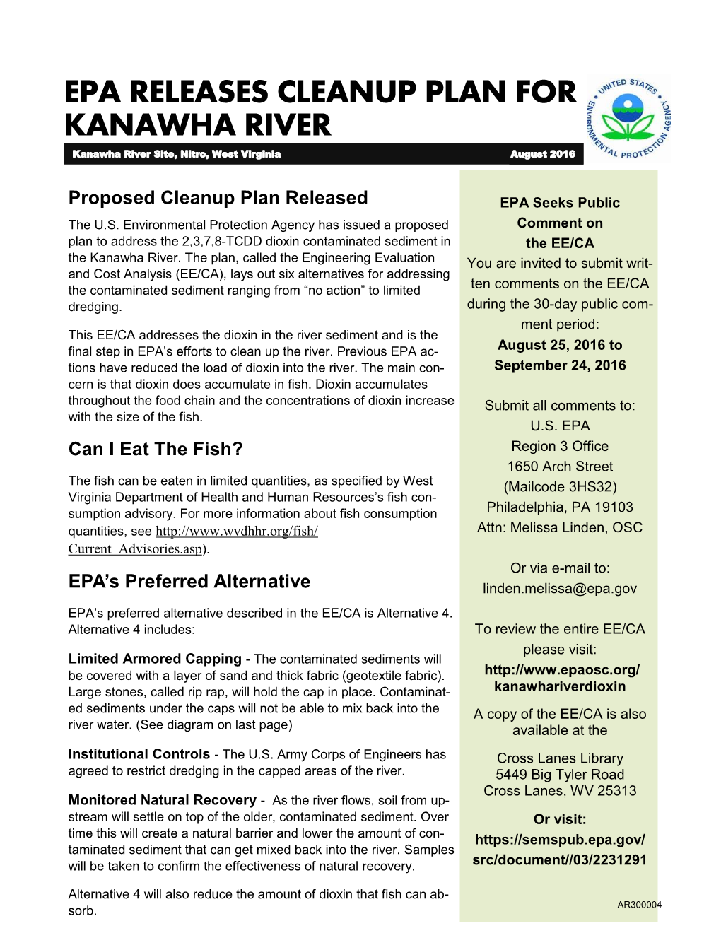 EPA RELEASES CLEANUP PLAN for KANAWHA RIVER Kanawha River Site, Nitro, West Virginia August 2016