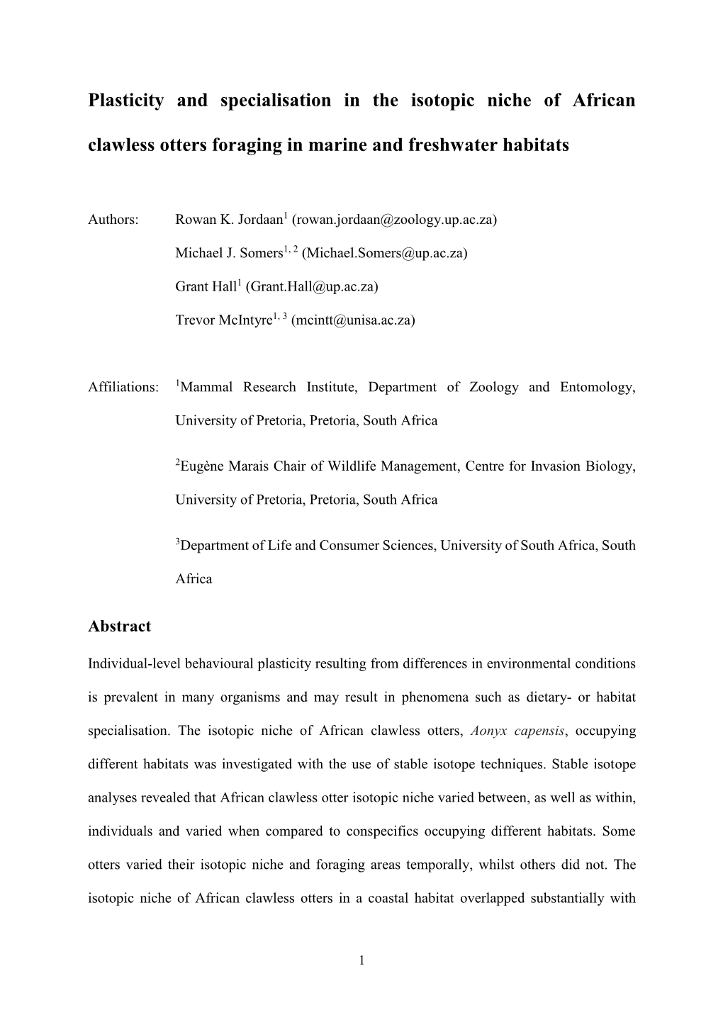 Plasticity and Specialisation in the Isotopic Niche of African Clawless Otters Foraging in Marine and Freshwater Habitats