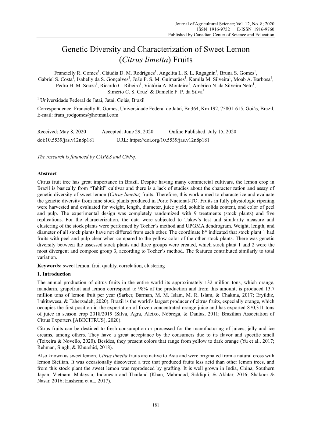 Genetic Diversity and Characterization of Sweet Lemon (Citrus Limetta) Fruits