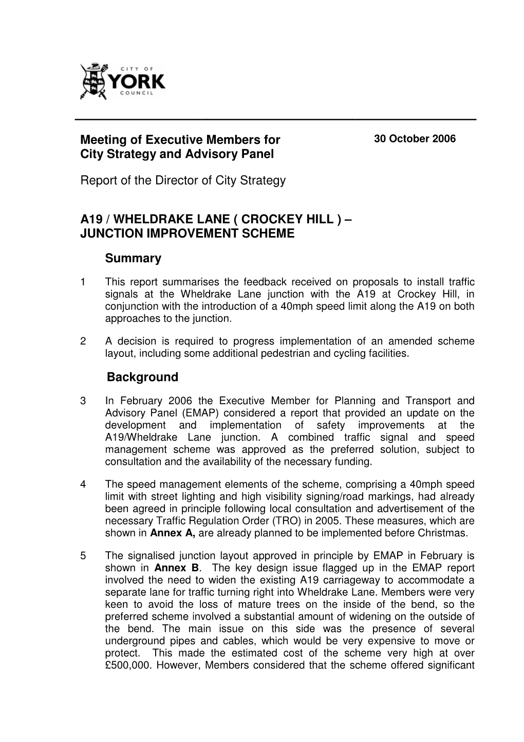 A19 / Wheldrake Lane ( Crockey Hill) – Junction Improvement Scheme PDF 74 KB