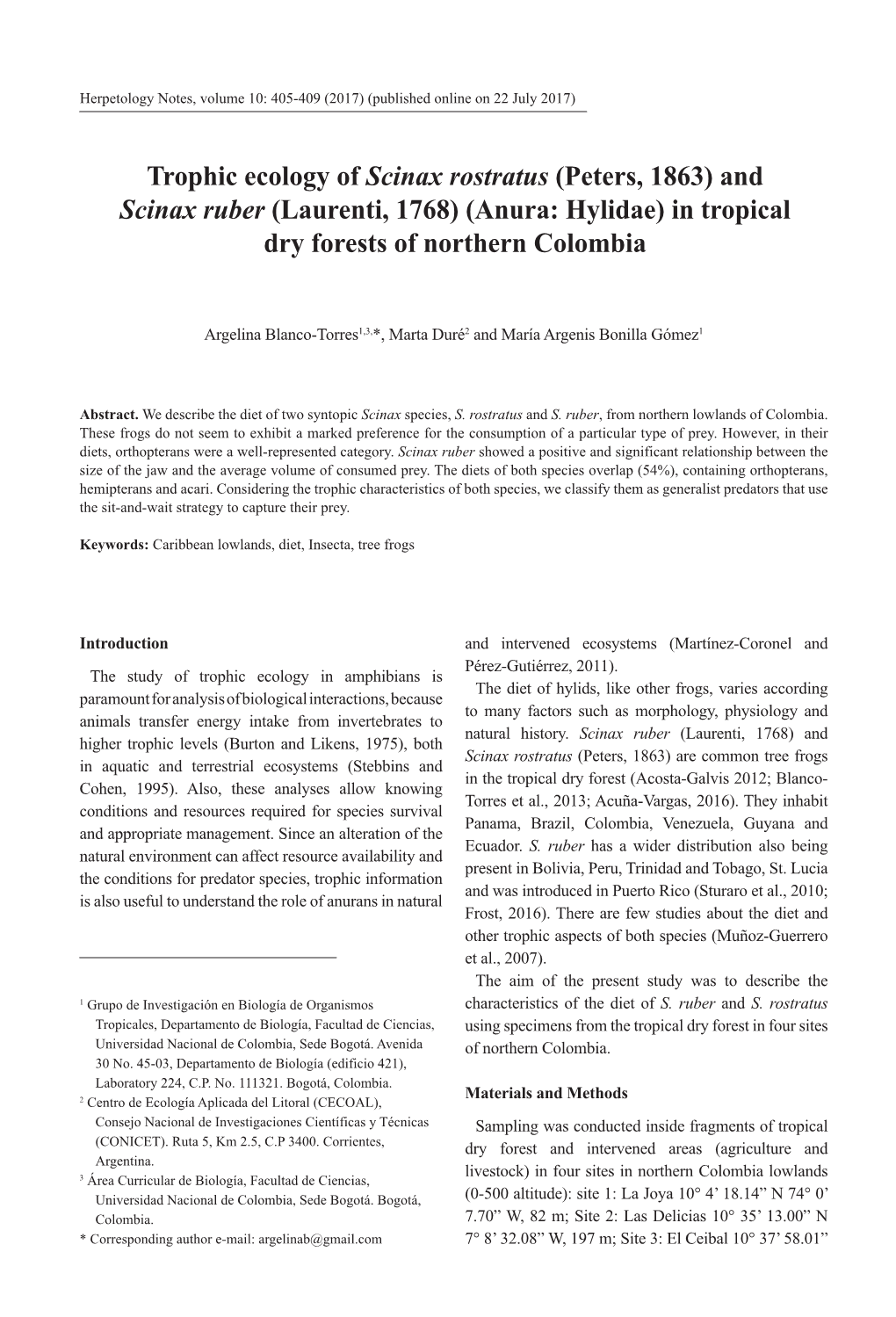 Trophic Ecology of Scinax Rostratus (Peters, 1863) and Scinax Ruber (Laurenti, 1768) (Anura: Hylidae) in Tropical Dry Forests of Northern Colombia